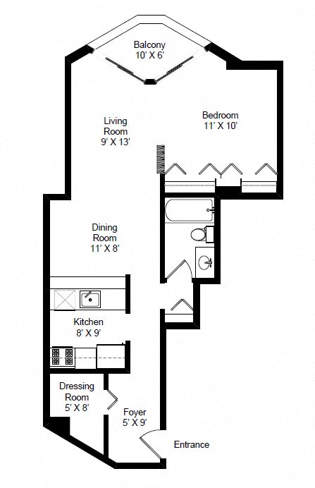 Floor plan for 1 bed, 1 bath, 628 sqft